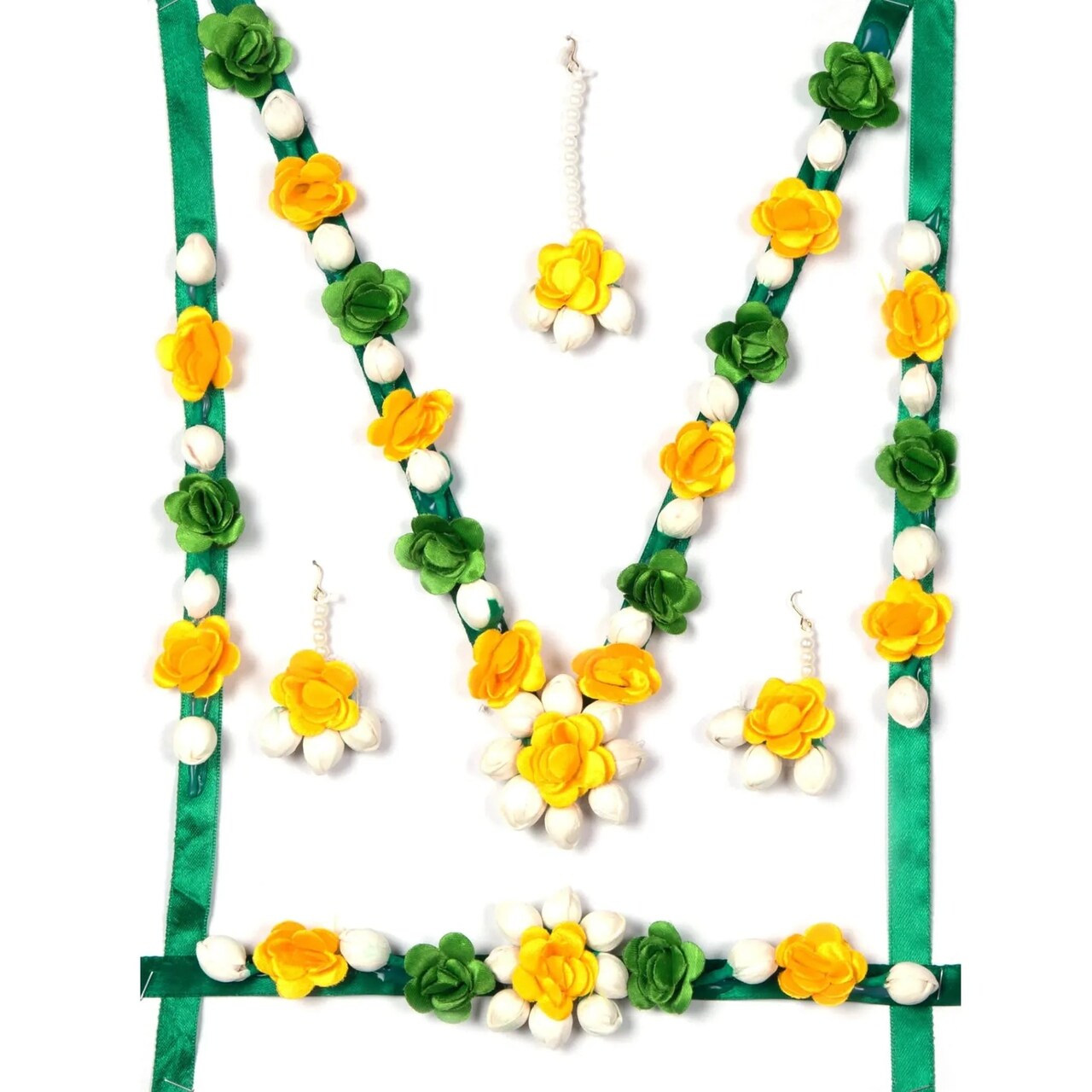 Flower Designer Jewelry Set for Women Handmade Necklace with Earrings Maang Tikka Wristbands Waistbelt Indian Artificial Jewelry for Haldi Mehndi Wedding Party Bridal